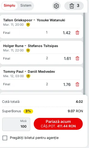 Biletul zilei din baschet şi tenis de la Superbet - 12.03.2025 - Cota totală de 6.28