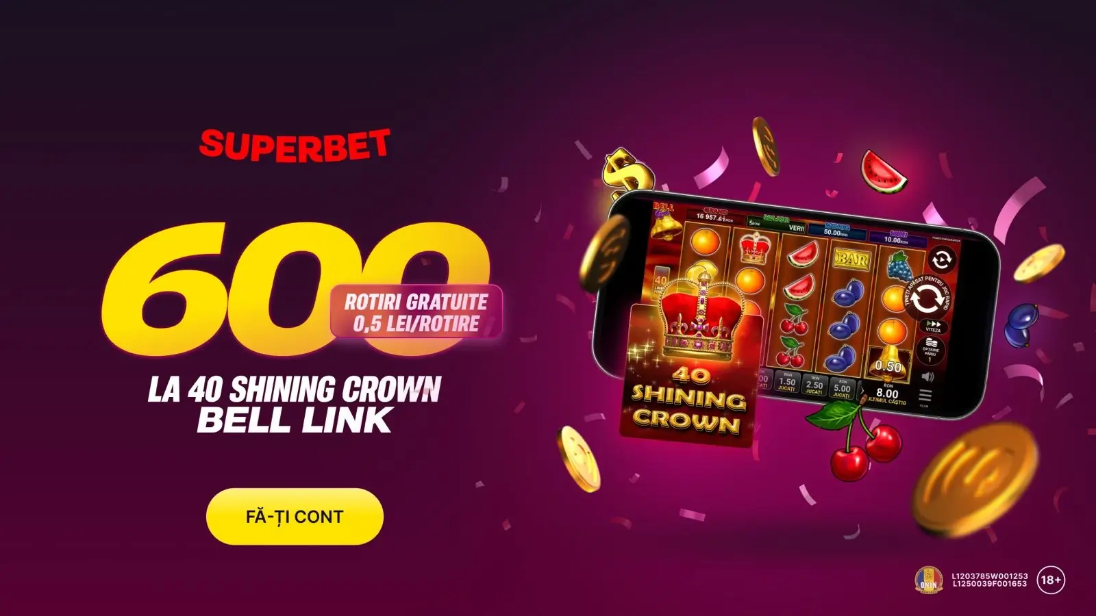 Bonus Fără Depunere la Superbet 600 Rotiri Gratuite la 40 Shining Crown Bell Link