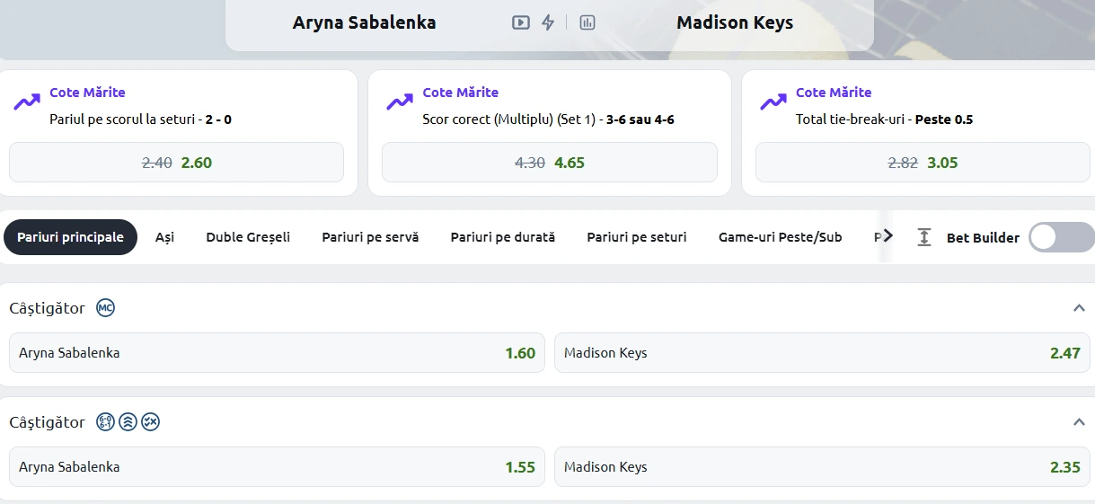 Cote Pariuri Aryna Sabalenka vs Madison Keys