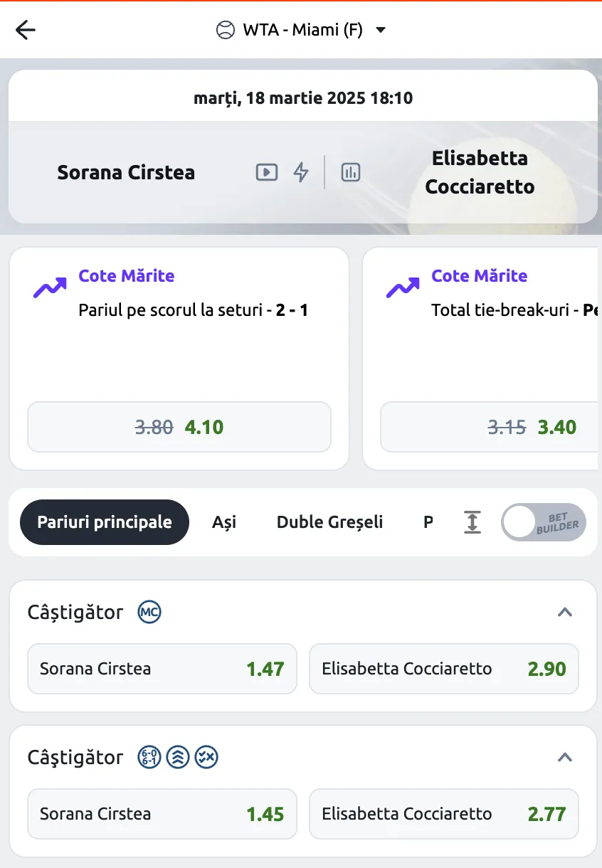 Cote Pariuri Sorana Cîrstea vs Elisabetta Cocciaretto - Miami Open 2025