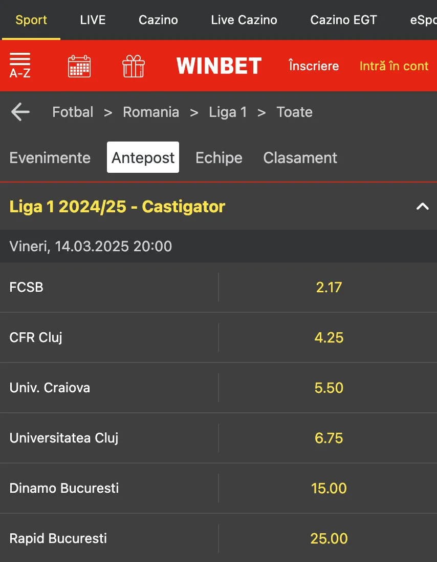 Cote câștigătoare Liga 1 2025 de la Winbet