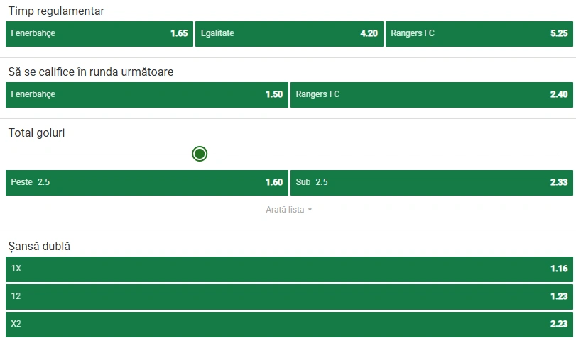 Cote pariuri Fenerbahce vs Rangers