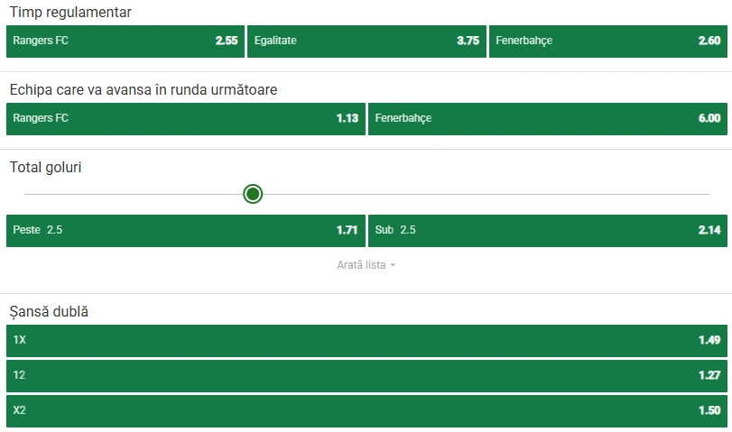 Cote pariuri Rangers vs Fenerbahce