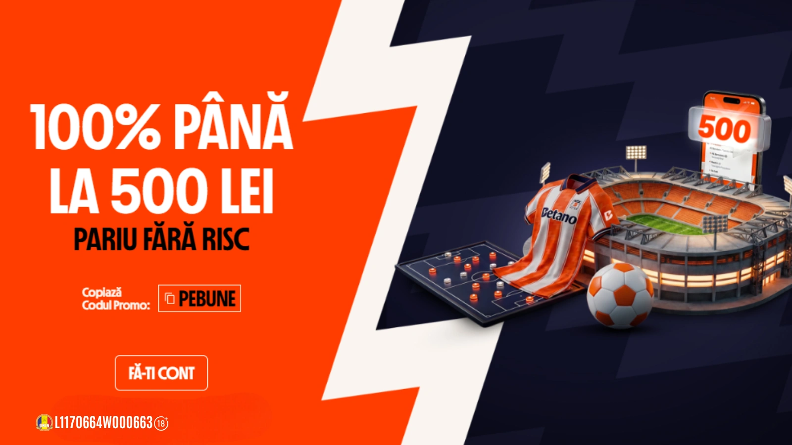 Ofertă Bonus Sport Betano - 100% până la 500 RON Pariu Fără Risc