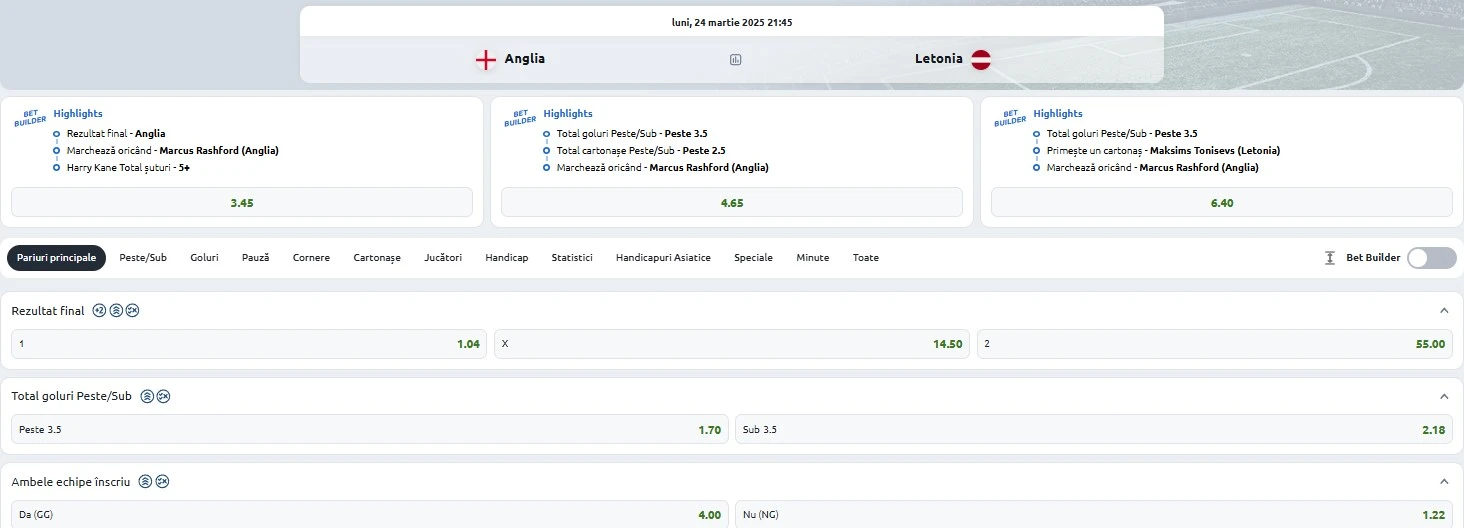 Cote pariuri Anglia vs Letonia
