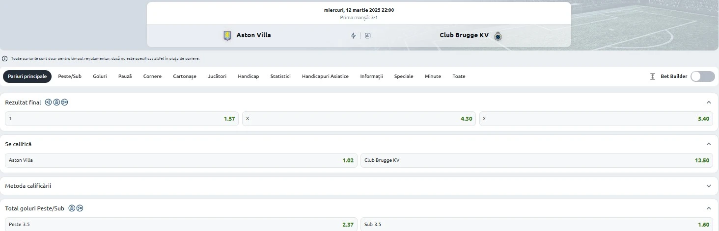 Cote pariuri Aston Villa - Club Brugge