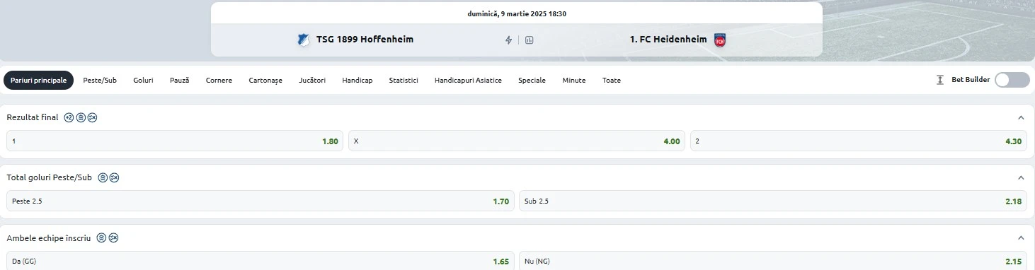 Cote pariuri Hoffenheim vs Heidenheim