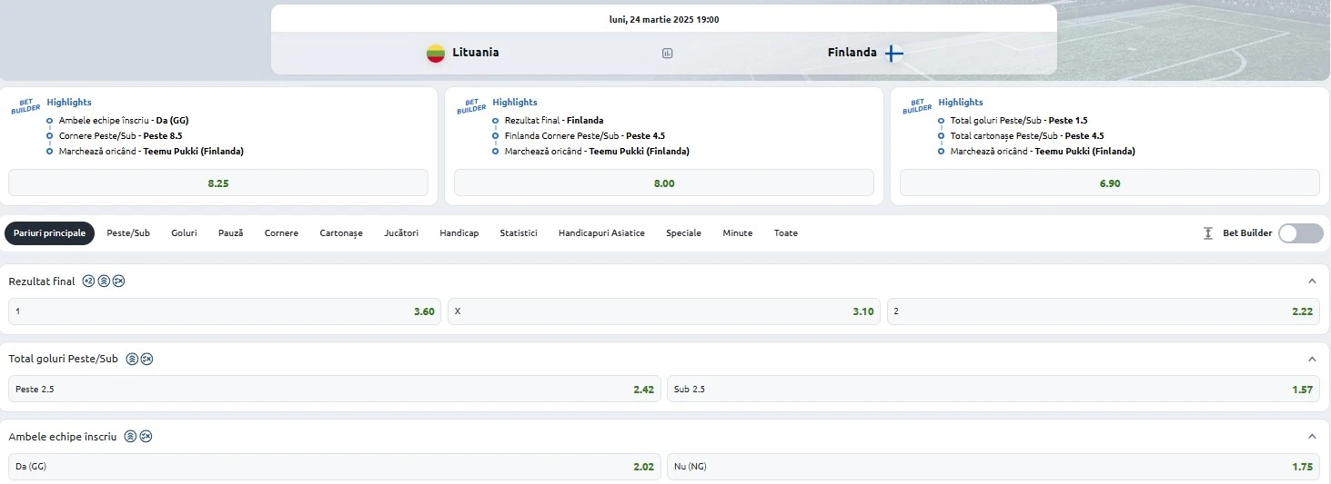 Cote pariuri Lituania vs Finlanda