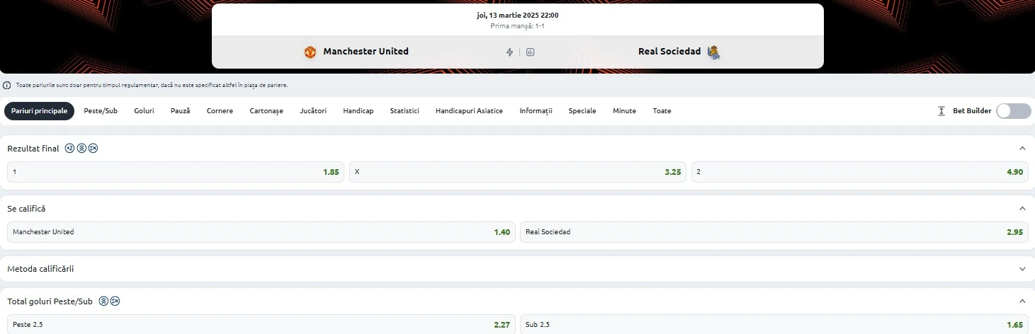 Cote pariuri Manchester Utd vs Real Sociedad