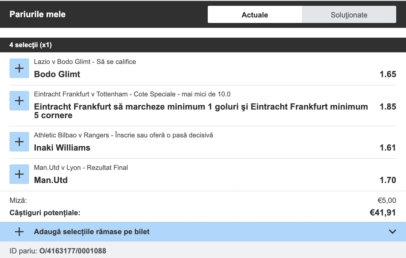 Biletul zilei azi din fotbal la Betfair pe sferturile Europa League, 17.04.2025