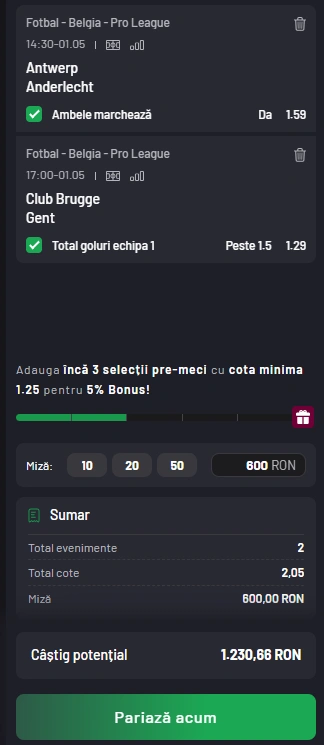 Cota 2 din Jupiler League 01.05.2025