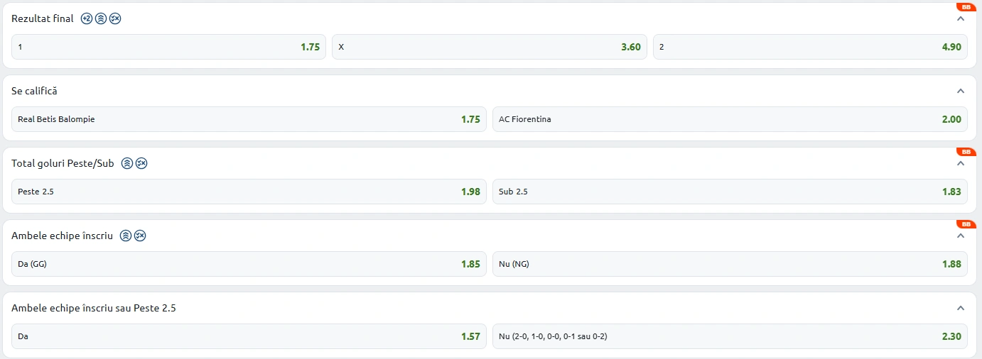 Cote pariuri Real Betis vs Fiorentina la Betano