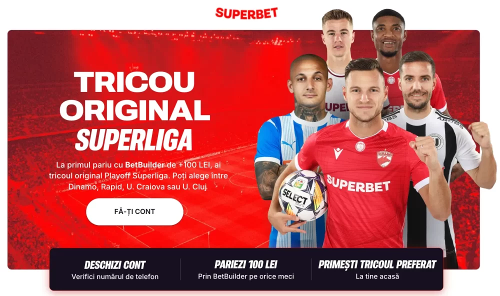 Pariază minim 100 RON prin BetBuilder și primești automat un tricou din Superliga