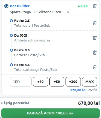 Sparta Praga vs Viktoria Plzen, Bet Builder in cota 6.70