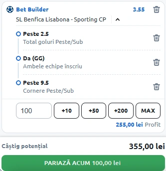 Benfica vs Sporting Lisabona Bet Builder in cota 3.55
