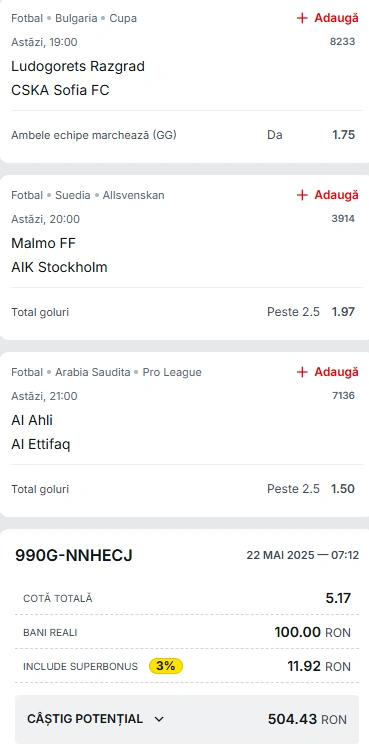 Biletul Zilei Superbet din 22 mai 2025