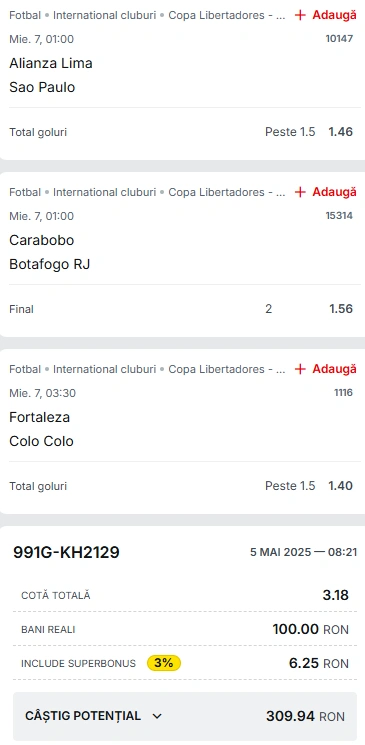 Biletul Zilei din Copa Libertadores 07.05.2025