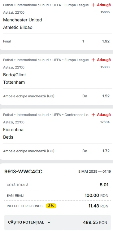Biletul Zilei din cupele europene 08.05.2025