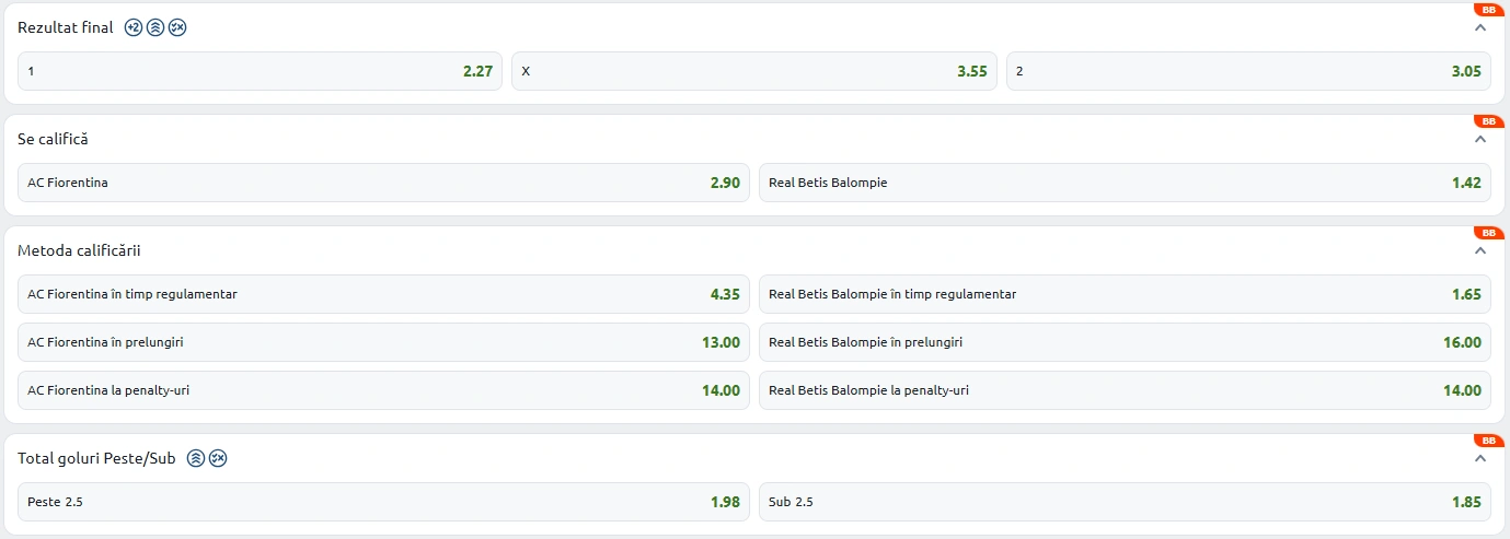 Ce cote pariuri Fiorentina vs Real Betis gasesti la Betano