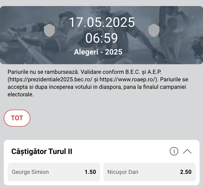 Cote Fortuna și Casa Pariurilor pentru turul 2 al prezidențialelor