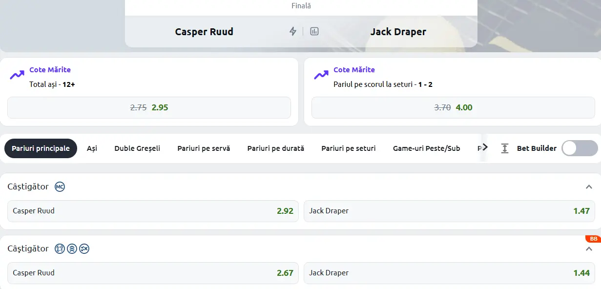 Cote Pariuri Casper Ruud vs Jack Draper