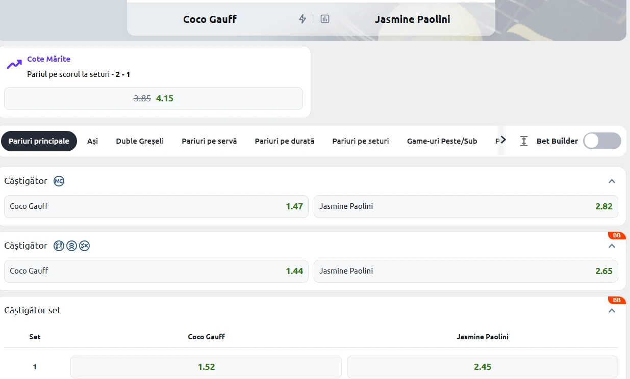 Cote Pariuri Coco Gauff vs Jasmine Paolini