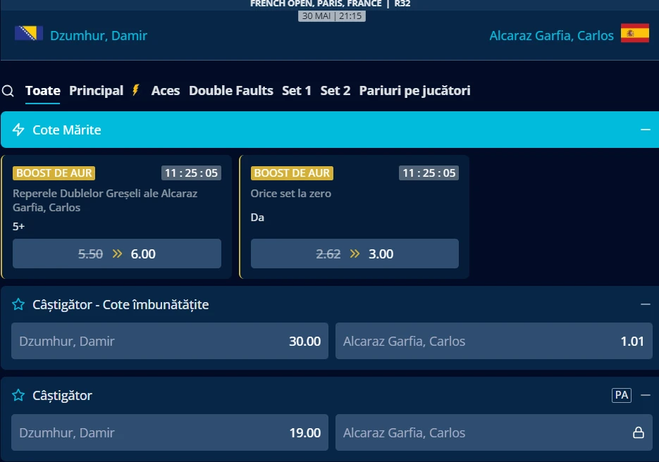 Cote Pariuri Damir Dzumhur vs Carlos Alcaraz la Roland Garros
