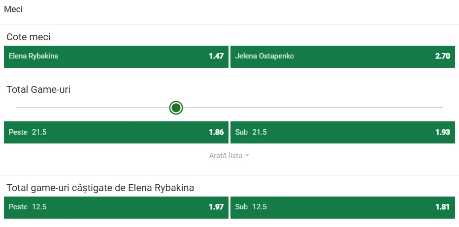 Cote Pariuri la Roland Garros Elena Rybakina vs Jelena Ostapenko