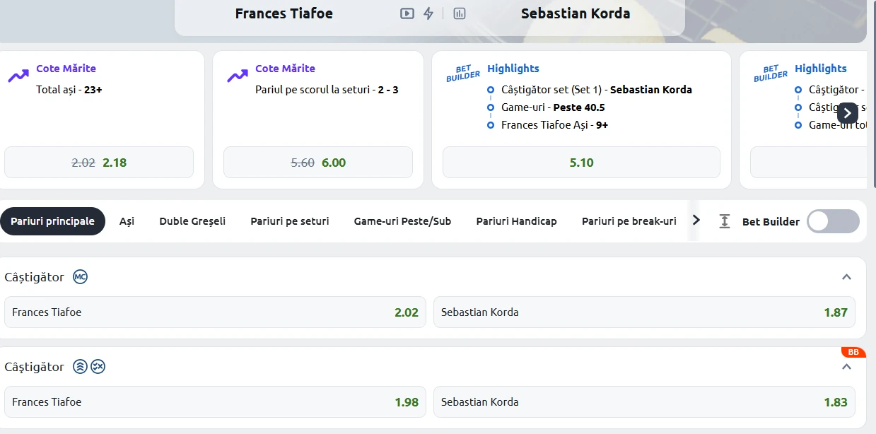 Cote Pariuri Frances Tiafoe vs Sebastian Korda