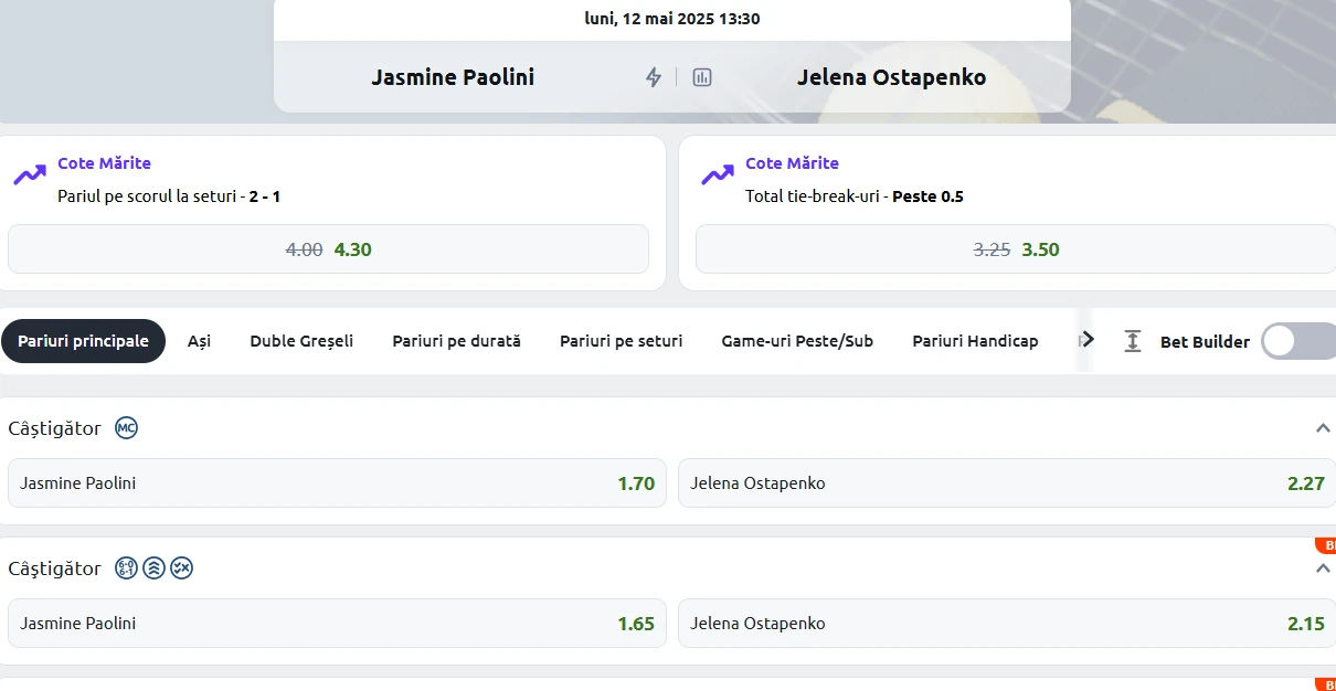 Cote Pariuri Jasmine Paolini vs Jelena Ostapenko