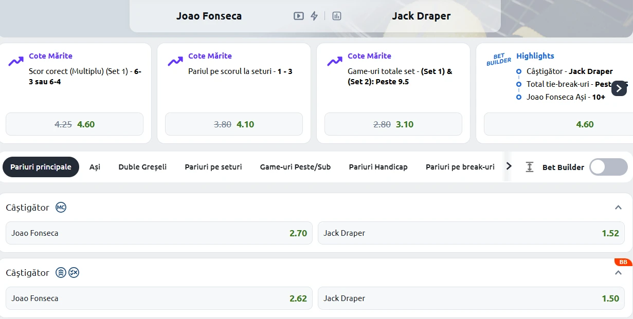 Cote Pariuri Joao Fonseca vs Jack Draper