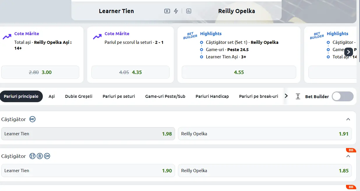 Cote Pariuri Learner Tien vs Reilly Opelka - ATP Roma 2025