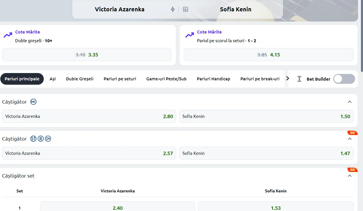 Cote Pariuri Victoria Azarenka vs Sofia Kenin