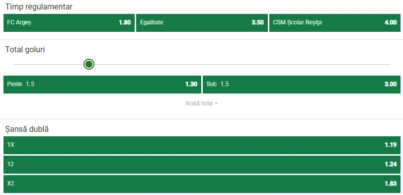 Cote pariuri FC Arges vs CSM Resita