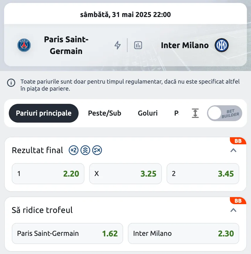 Cote pariuri PSG vs Inter, Finala Champions League 2025, oferite de Betano