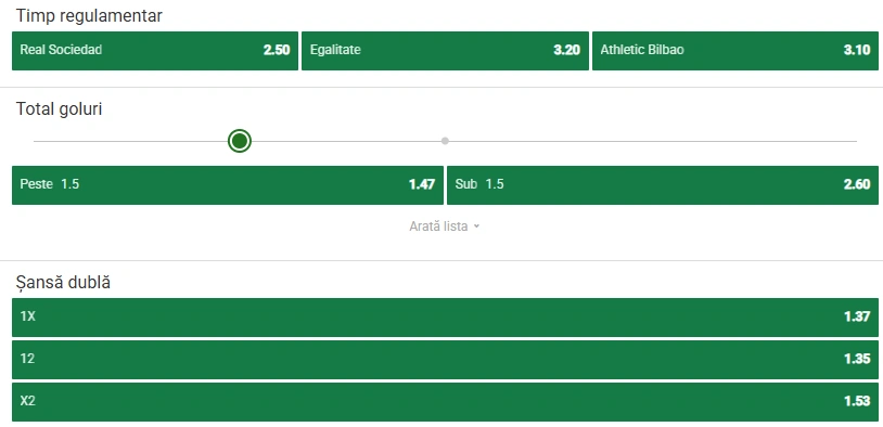 Cote pariuri Real Sociedad vs Athletic Bilbao