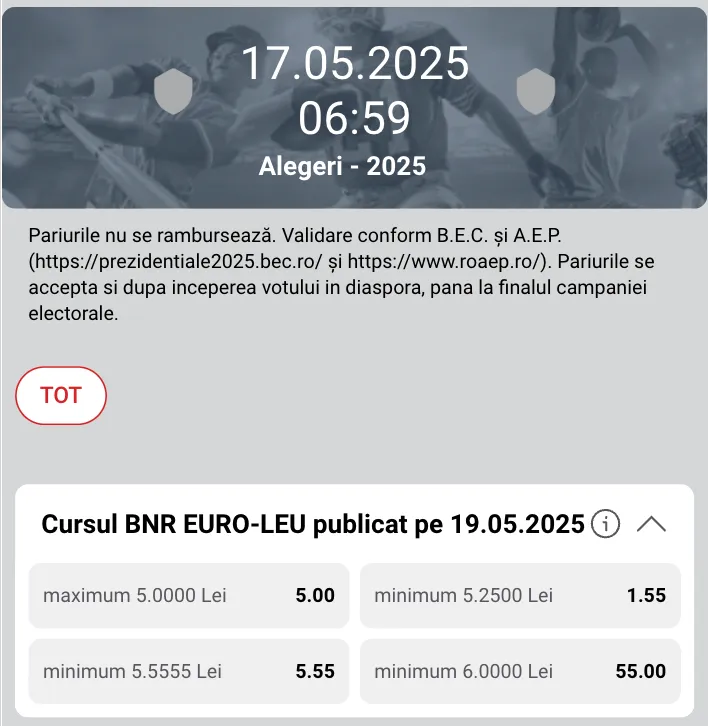 Cursul BNR EURO-LEU publicat pe 19.05.2025 9 mai 2025