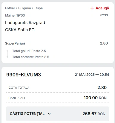 Ludogorets vs CSKA Sofia, Super Pariu in cota 2.80