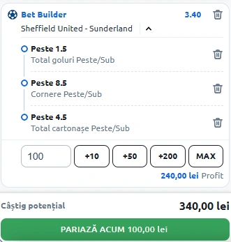 Sheffield United vs Sunderland, Bet Builder in cota 3