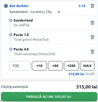 Sunderland vs Coventry, Bet Builder in cota 3