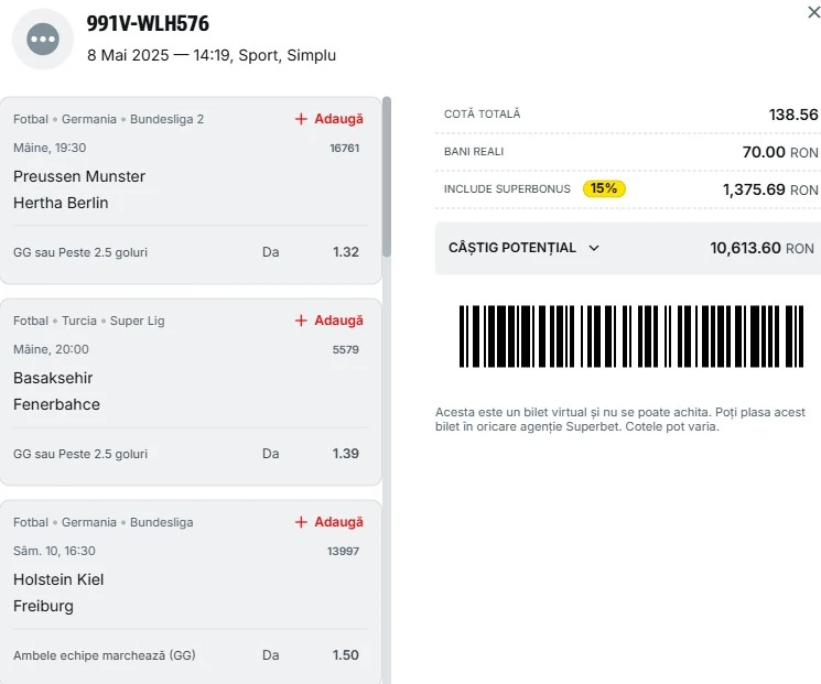 Bilet pariu șansă Superbet 09.05.2025