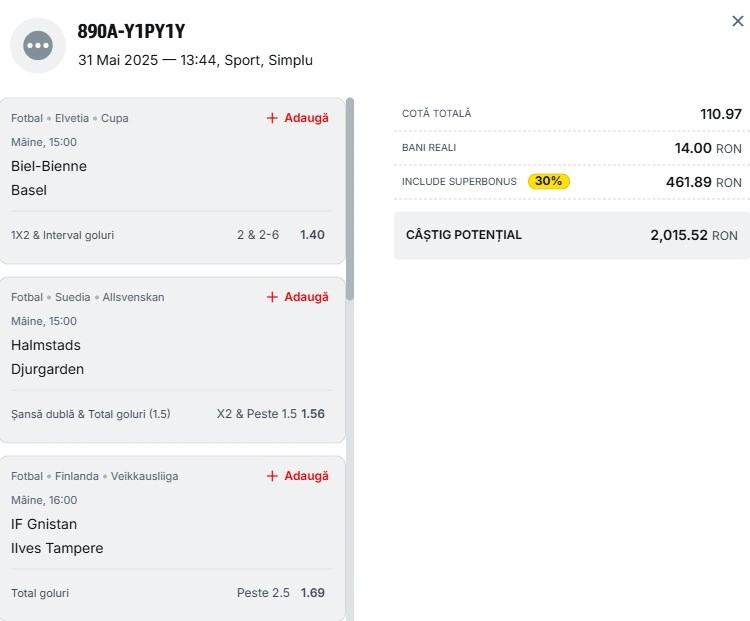 Bilet pariu șansă Superbet 1 iunie 2025