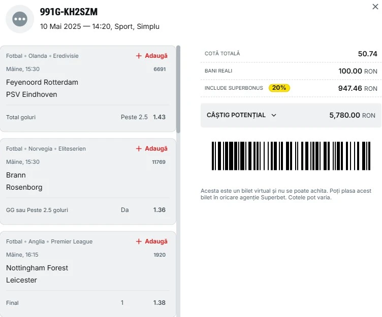 Bilet pariu șansă Superbet 11.05.2025