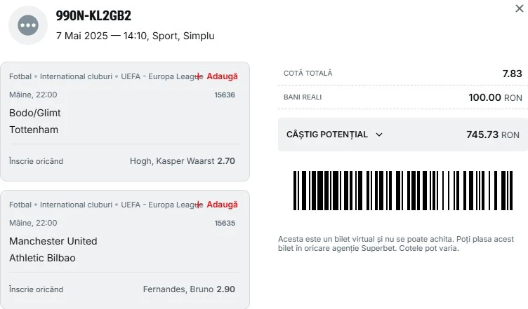 Biletul zilei din Europa League 08.05.2025