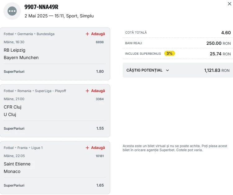 Biletul zilei la Superbet 3 mai 2025