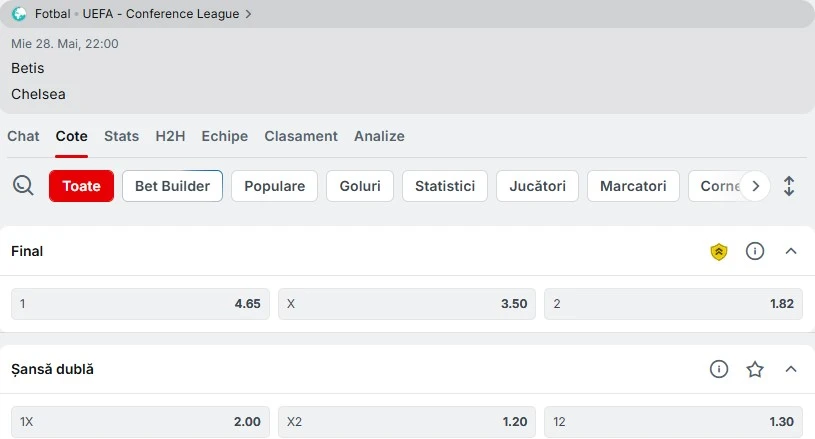 Cote pariuri Betis vs Chelsea oferite de Superbet