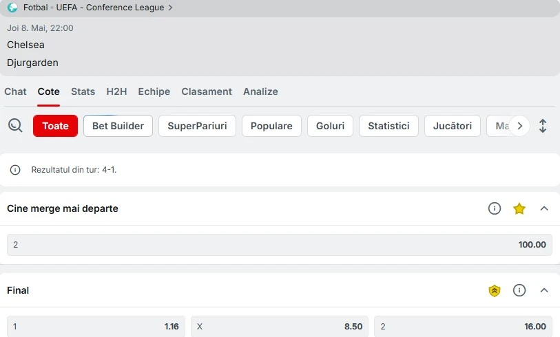Cote pariuri Chelsea - Djurgarden la Superbet