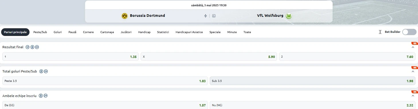 Cote pariuri Dortmund vs Wolfsburg