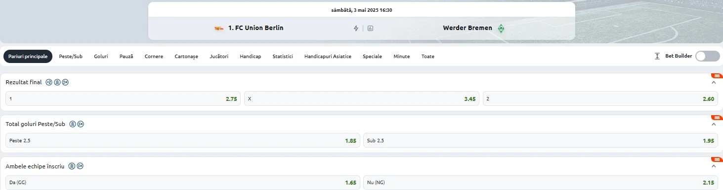 Cote pariuri Union Berlin - Bremen