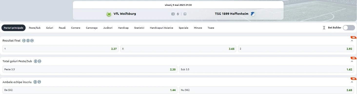 Cote pariuri Wolfsburg - Hoffenheim